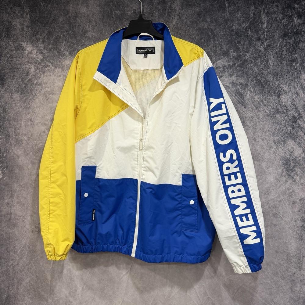 Members Only Men's Windbreaker Jacket Blue Yellow White Colorblock Hooded 2XL